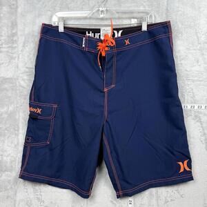 Hurley Navy Board Shorts Men Sz 34 Orange Stitch Surf Swim Trunks Pocket Beach